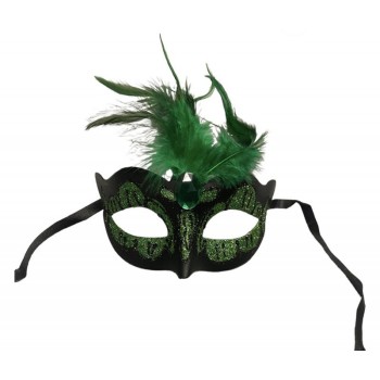 Maska-Venetian Mask Green with Green Stone and Feather