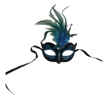 Maska-Venetian Mask Light Blue with Light Blue Stone and Feather
