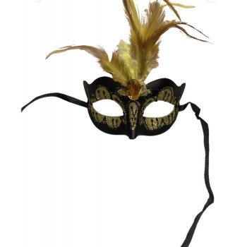 Maska-Venetian Mask Yellow with Yellow Stone and Feather