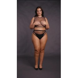 2 piece with crop top, pantie and fishnet structure.